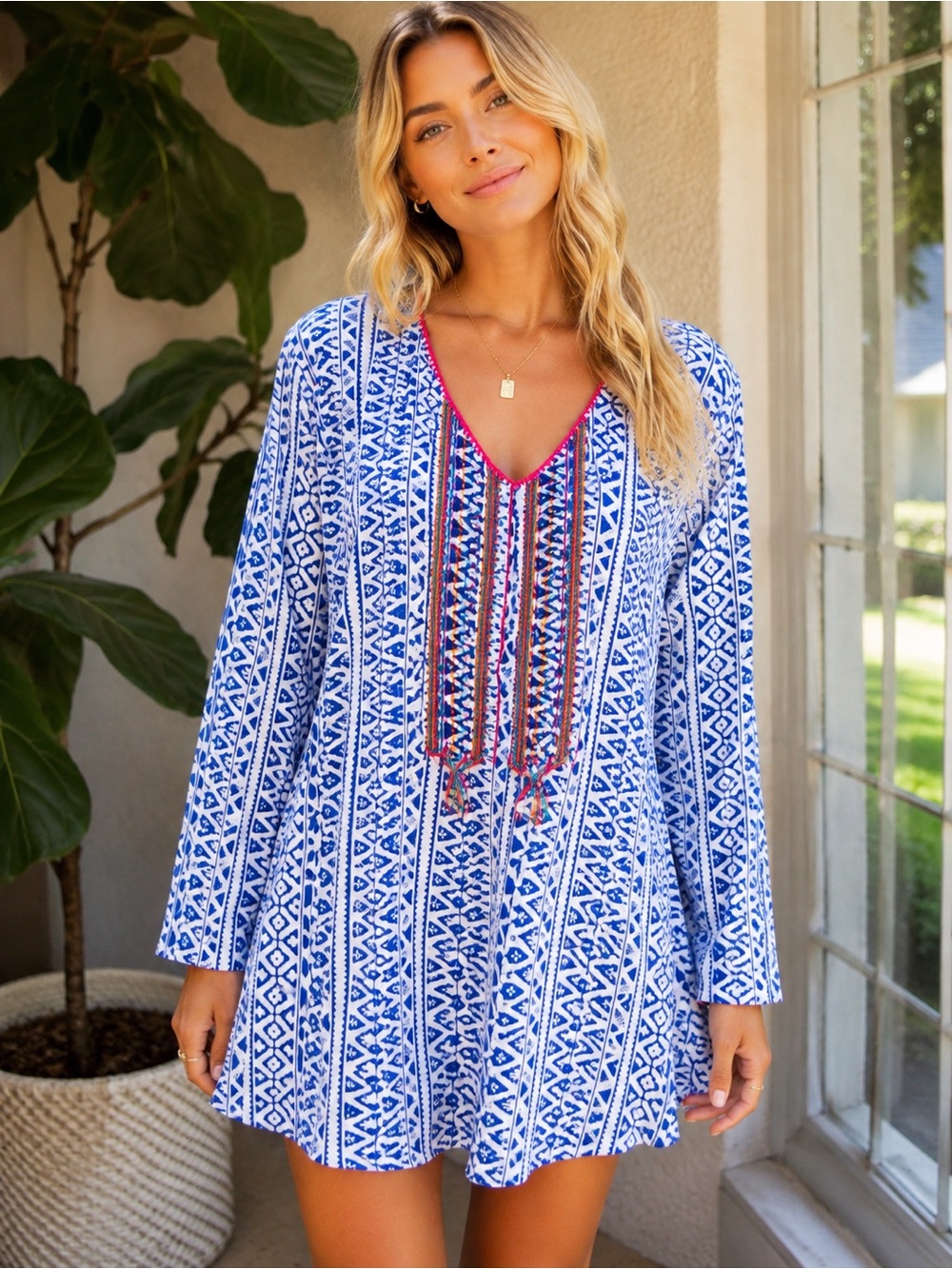 Roberta Roller Rabbit Blue & White Printed V-Neck Swim Coverup with Tassel Trim